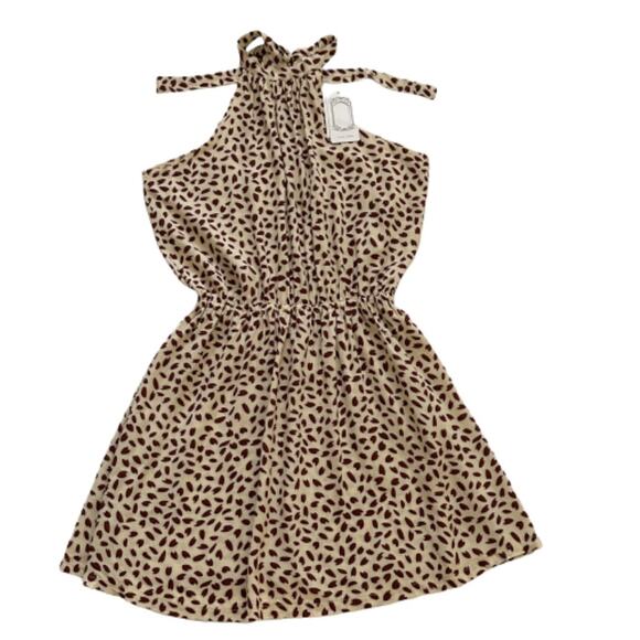 Coeur DE Vague Dress Cream Brown Print Sleeveless Halter Tie Back Dress Medium - Picture 9 of 12